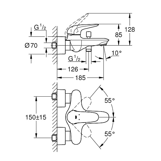 Смеситель для ванны, Grohe, Eurostyle, короткий излив, с картриджем, хром, 23726003
