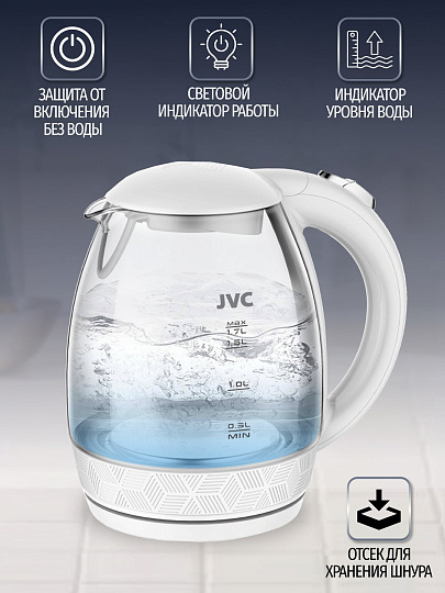 Чайник электрический JVC, JK-KE1514, белый, 1.7 л, 2200 Вт, скрытый нагревательный элемент, стекло