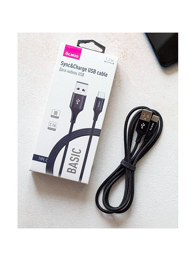 Кабель USB, OLMIO, Basic, USB Type-C, 1.2 м, 2.1А/3А, черный, 041638