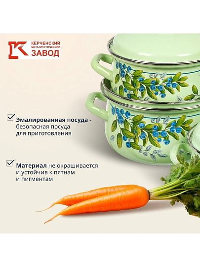 Набор посуды эмалированная сталь, 6 предметов, кастрюли 1.5, 2, 3 л, Керченский металлургический завод, Черника-1, салатовый