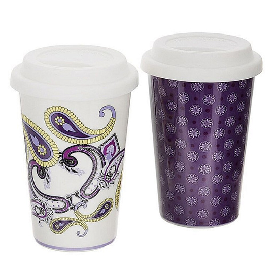 Кружка керамика, 350 мл, Сиреневые узоры, с крышкой, Wellberg, 13318WB, в ассортименте