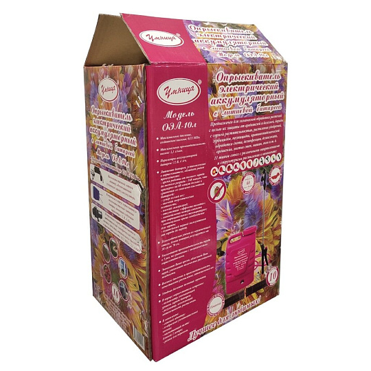 Опрыскиватель аккумуляторный, Умница, 10 л, Li-ion, 4 А.ч, 12 В, пластик, ранцевый, телескопическая штанга, 2.1 л/мин, ОЭЛ-10