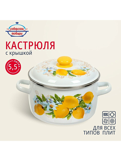 Кастрюля эмалированная сталь, 5.5 л, крышка сталь, сферический, Сибирские товары, Лимоны, 3MC221P, индукция