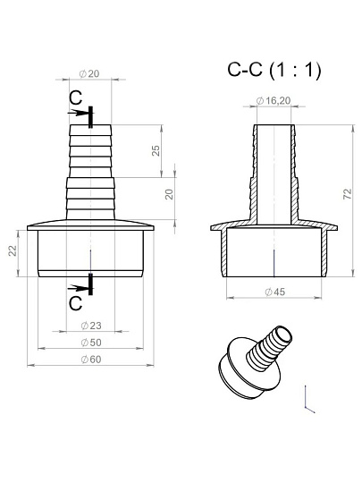 Штуцер для сливных шлангов, 20/22х50 мм, Orio, А-5150