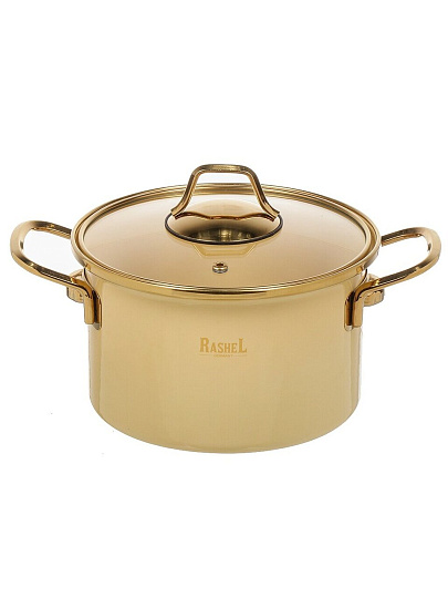 Кастрюля эмалированная сталь, 3 л, крышка стекло, ручки золото, RasheL, Gold, R-07718, кремовая, индукция
