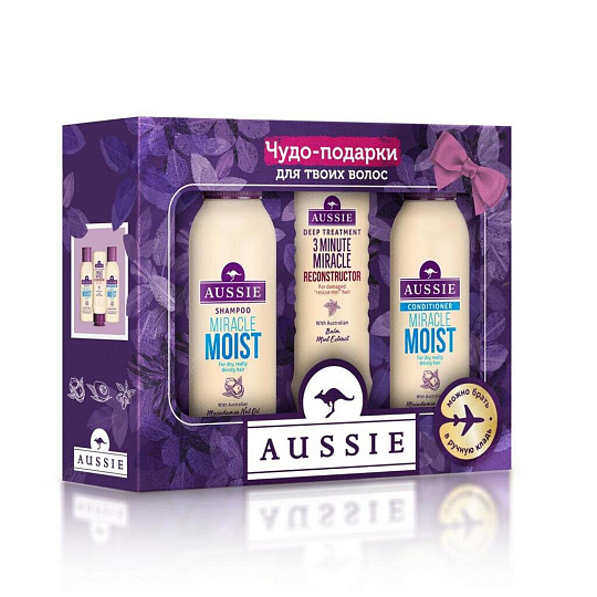 Подарочный набор Aussie MiracleMoist (шампунь, 90 мл + бальзам-ополаскиватель, 90 мл + реконструктор волос, 75 мл)