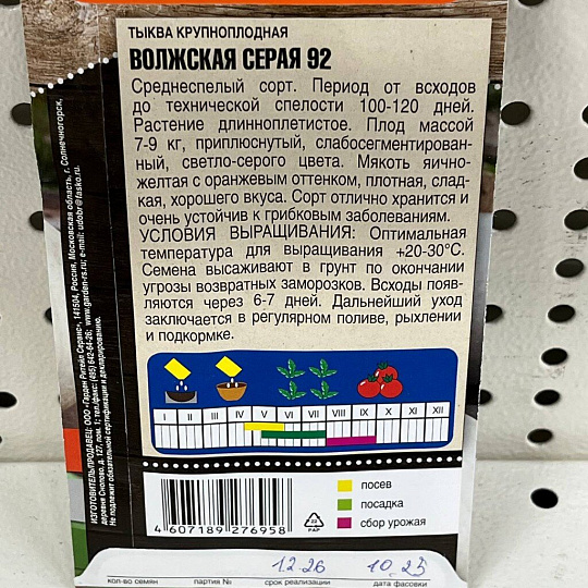 Семена Тыква, Волжская, 2 г, серая, ранняя, цветная упаковка, Тимирязевский питомник