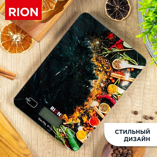 Весы кухонные электронные, стекло, Rion, Специи, точность 1 г, до 5 кг, LCD-дисплей, PT-893