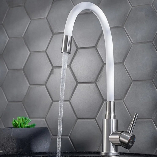 Смеситель для кухни, РМС, гибкий излив, с картриджем, белый, SUS124W-016F