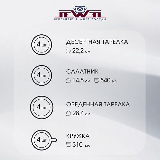 Сервиз столовый керамика, 16 предметов, на 4 персоны, Jewel, Мохито, ПС0016-50