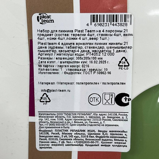 Набор для пикника на 4 персоны, 21 предмет, полипропилен, зеленый, Plast team, PT405212000