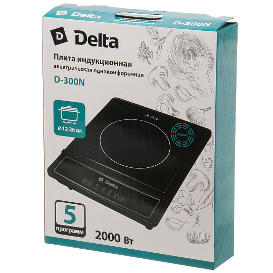 Плита индукционная Delta, D-300N, 2000 Вт, 1 конф, керам, 5 программ, чер
