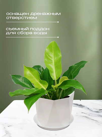 Кашпо пластик, 1 л, 13х11 см, для цветов, с поддоном, белое, Idea, Призма, М 3137