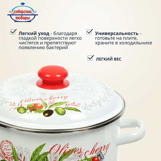 Кастрюля эмалированная сталь, 5.5 л, крышка сталь, цилиндрическая, Сибирские товары, Оливки и черри, 3MD221P, индукция