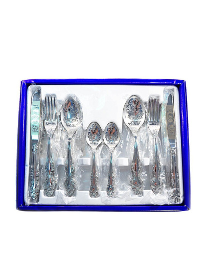 Набор столовых приборов нержавеющая сталь, 24 предмета, с художественной росписью, Павловский завод им. Кирова, Тройка М-3, СН-11/7