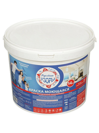 Краска водно-дисперсионная, Русские узоры, полиакриловая, универсальная, моющаяся, влагостойкая, матовая, 14 кг