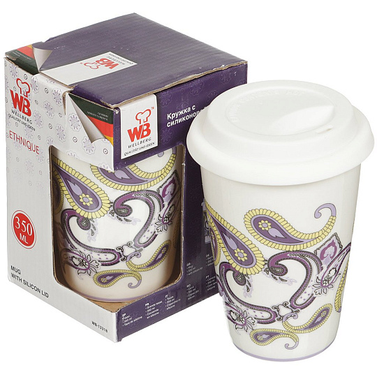Кружка керамика, 350 мл, Сиреневые узоры, с крышкой, Wellberg, 13318WB, в ассортименте