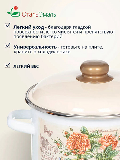 Кастрюля эмалированная сталь, 4 л, крышка сталь, цилиндрическая, СтальЭмаль, Мэри белоснежная, 6RD201M, индукция