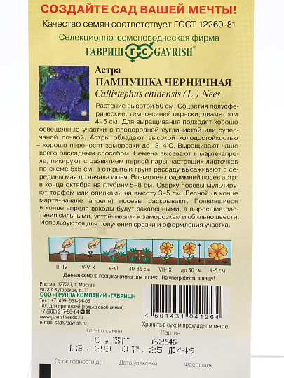 Семена Цветы, Астра, Пампушка черничная, 0.3 г, однолетняя, помпонная, цветная упаковка, Гавриш