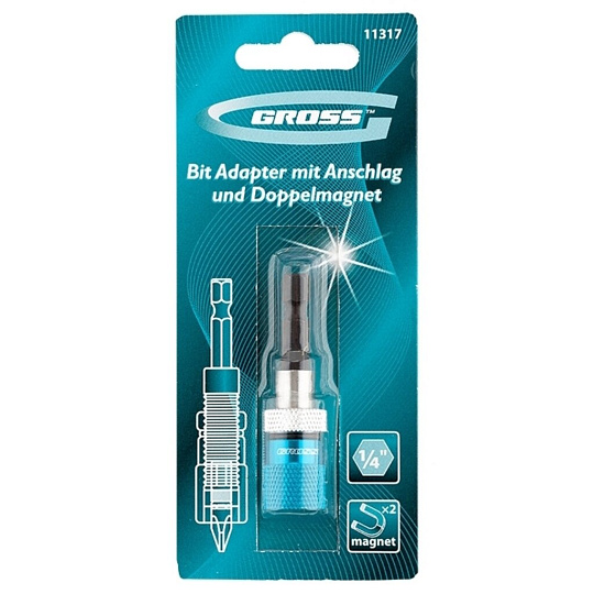 Адаптер для бит Gross, с ограничителем и двойным магнитом, 1/4"