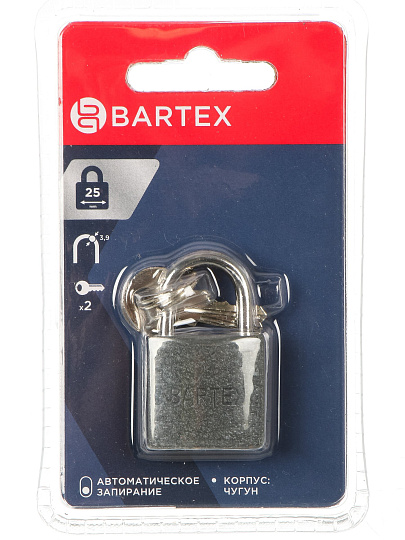 Замок навесной BARTEX чугунный 25мм, блистер, 2 ключа, 504658