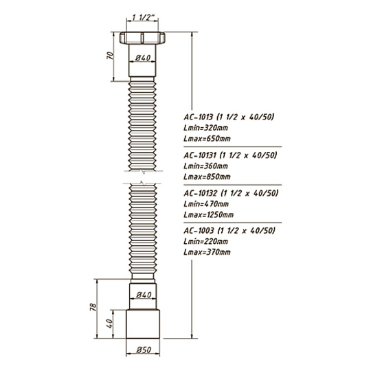 Гофра для сифона 850 мм, 1" 1/2х40/50, полипропилен, с гайкой, Orio, АС-10131