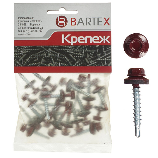 Саморез кровельный, сверло, диаметр 4.8х38 мм, 15 шт, красный, пакет, Bartex
