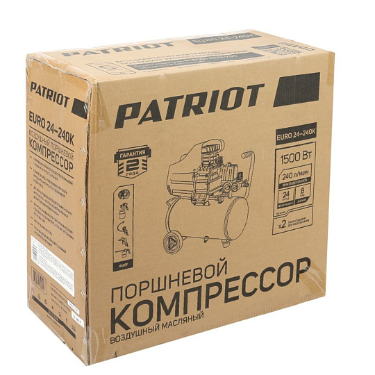 Компрессор масляный, Patriot, Euro 24-240К, 1.5 кВт, поршневой, 24 л, 240 л/мин, 8 бар, прямой, 2850 об/мин, 525306366