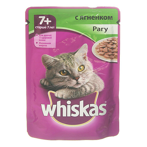 Корм для животных Whiskas, 85 г, для взрослых кошек 7+, рагу, ягненок, пауч, 10117335