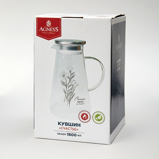 Кувшин стекло, 1.8 л, с крышкой, Agness, Счастье, 887-281