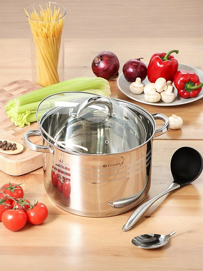 Кастрюля нержавеющая сталь, 12 л, крышка стекло, Daniks, Общепит, SP-6BP-12/SP-6BP-13, индукция