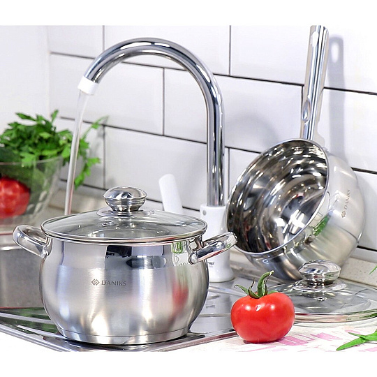 Кастрюля нержавеющая сталь, 1.9 л, крышка стекло, Daniks, Классика, SD-16, индукция