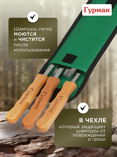 Шампур лезвие плоское, 6 шт, 600х10х2 мм, нержавеющая сталь, рукоятка дерево, Гурман, в чехле, CB2222