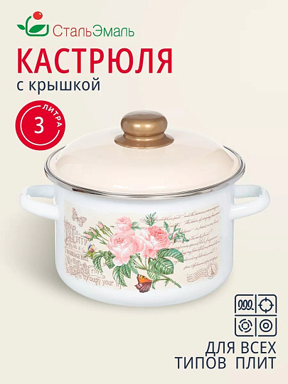 Кастрюля эмалированная сталь, 3 л, крышка сталь, цилиндрическая, СтальЭмаль, Мэри белоснежная, 6RD181M, индукция