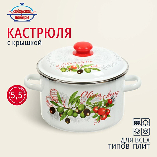 Кастрюля эмалированная сталь, 5.5 л, крышка сталь, цилиндрическая, Сибирские товары, Оливки и черри, 3MD221P, индукция