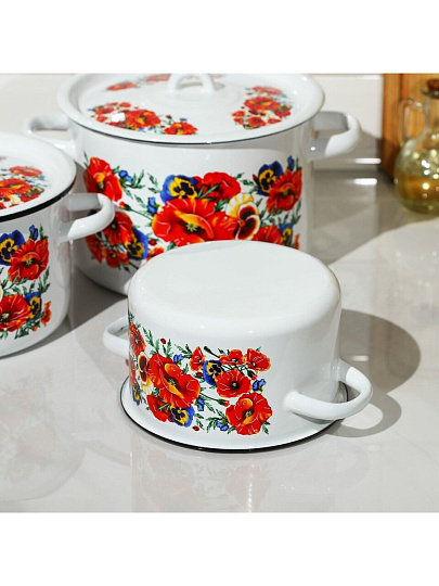 Набор посуды эмалированная сталь, 3 предмета, кастрюли 1.5,2.9,4.5 л, индукция, СтальЭмаль, Маки мечта, 1с33