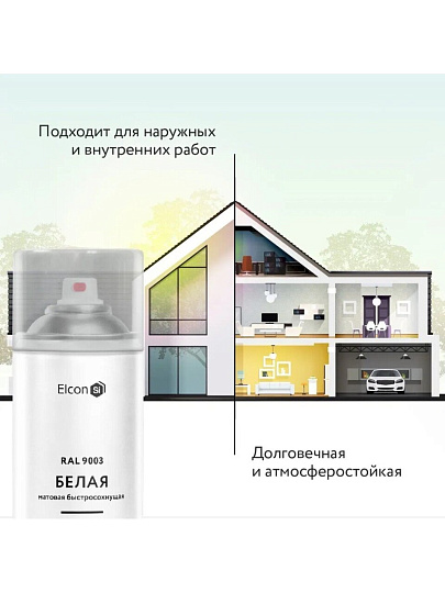 Эмаль аэрозольная, Elcon, универсальная, быстросохнущая, акриловая, матовая, белая, RAL 9003, 520 мл
