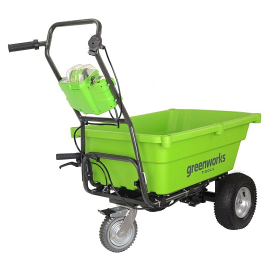 Тележка садовая трехколесная, пластик, 150 кг, 106 л, да, АКБ и ЗУ, 40V, 6A.ч, Greenworks, G40GCK6, 7400007UF