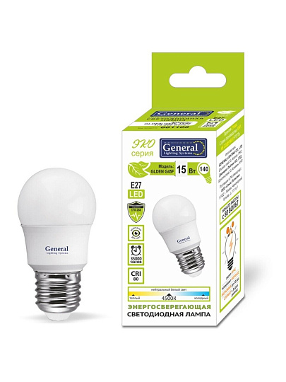 Лампа светодиодная E27, 15 Вт, 230 В, шар, 2700 К, теплый белый свет, General Lighting Systems, GLDE, 661107