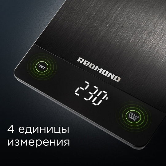 Весы кухонные электронные, стекло, нержавеющая сталь, Redmond, RS-M765, платформа, точность 1 г, до 10 кг, черные