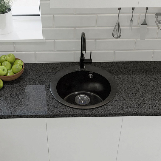 Мойка кухонная врезная, GranFest, Rondo, искусственный мрамор, 475 мм, + сифон, черная, GF-R-480