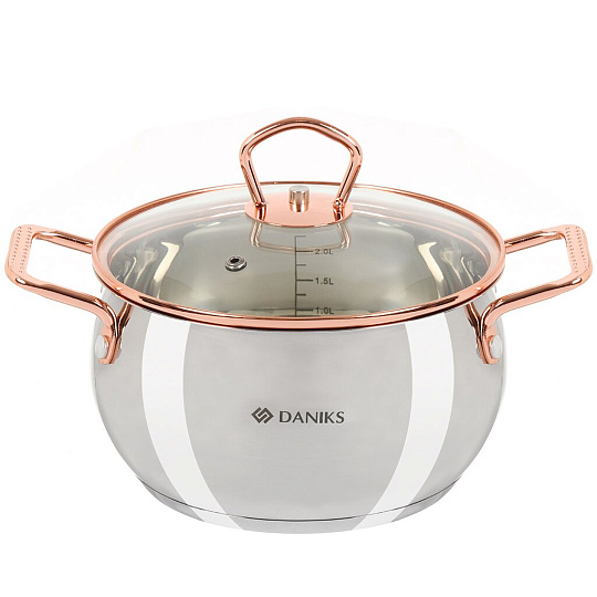 Кастрюля нержавеющая сталь, 2.5 л, крышка стекло, Daniks, Карлин, GS-01332G-18, индукция