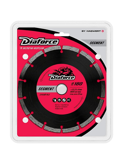 Диск отрезной алмазный по бетону, Diaforce, Segment, сегментный край, 180х22.23х2.5 мм, сухой рез, 500180