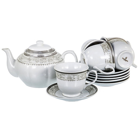 Набор чайный керамика, 13 предметов, на 6 персон, 220 мл, чайник 1200 мл, Венера белый с серебром, 114-17043, подарочная упаковка