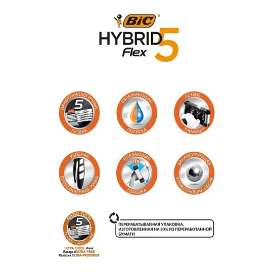 Станок для бритья Bic, Hybrid 5 Flex, для мужчин, 5 лезвий, 2 сменные кассеты, 921385