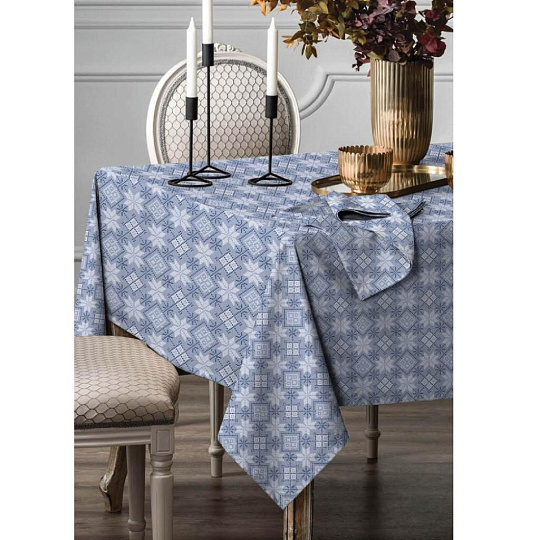 Скатерть 145х180 см, 100% хлопок, рогожка, Winterland, Снежный калейдоскоп, голубая, 670943