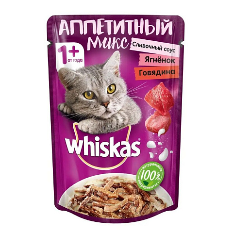 Корм для животных Whiskas, 85 г, для взрослых кошек 1+, кусочки в соусе, говядина/ягненок в сливочном соусе, пауч, 10188839