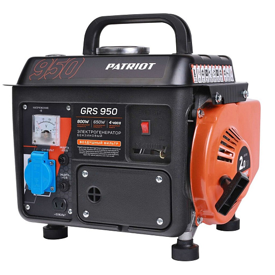 Генератор бензиновый, Patriot, GRS 950, 0.8 кВт, двухтактный, 2 л.с., 16 А, выход 12 В, ручной стартер, 476102219