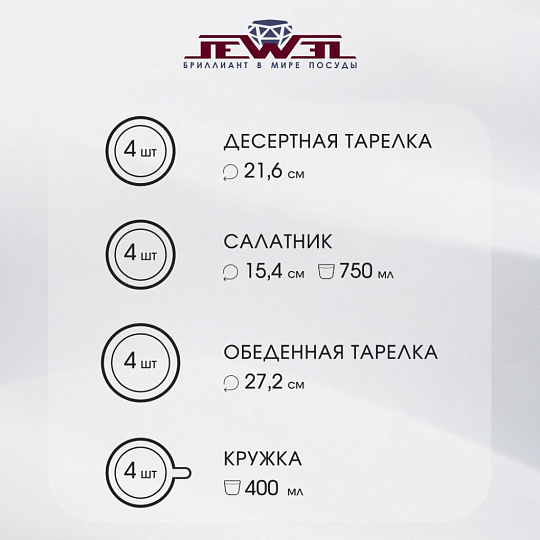 Сервиз столовый керамика, 16 предметов, на 4 персоны, Jewel, Сахара Эконом, ПС0002-50