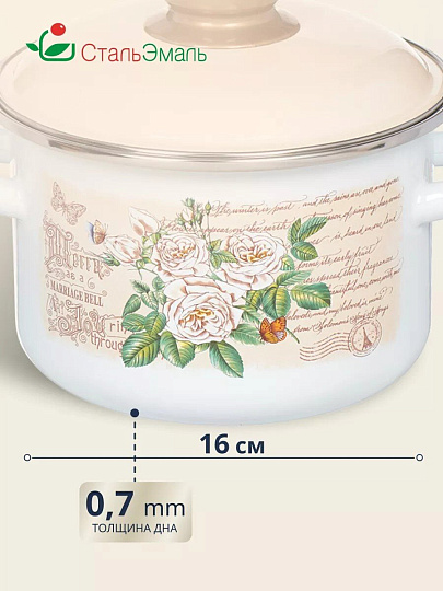 Кастрюля эмалированная сталь, 2 л, крышка сталь, цилиндрическая, СтальЭмаль, Мэри белоснежная, 6RD161M, индукция